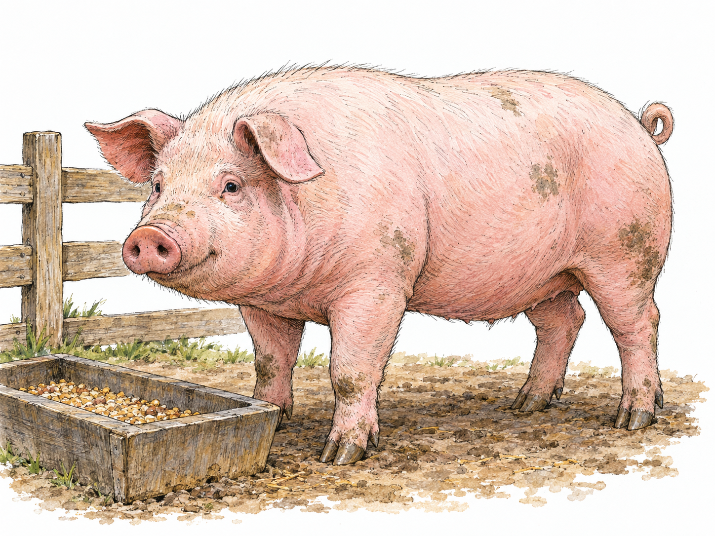 A sturdy adult domestic pig stands beside a simple feed trough in a minimally suggested farm pen, its broad snout, stocky body, cloven hooves and curled tail clearly visible.