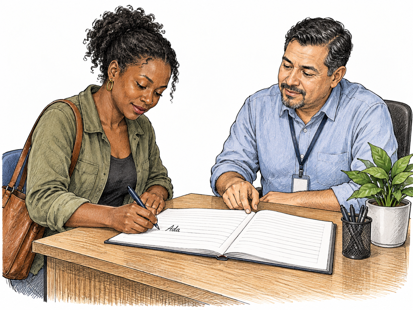 At an enrollment desk a visitor writes the fictional name Ada on a single line in a register while a clerk checks it.