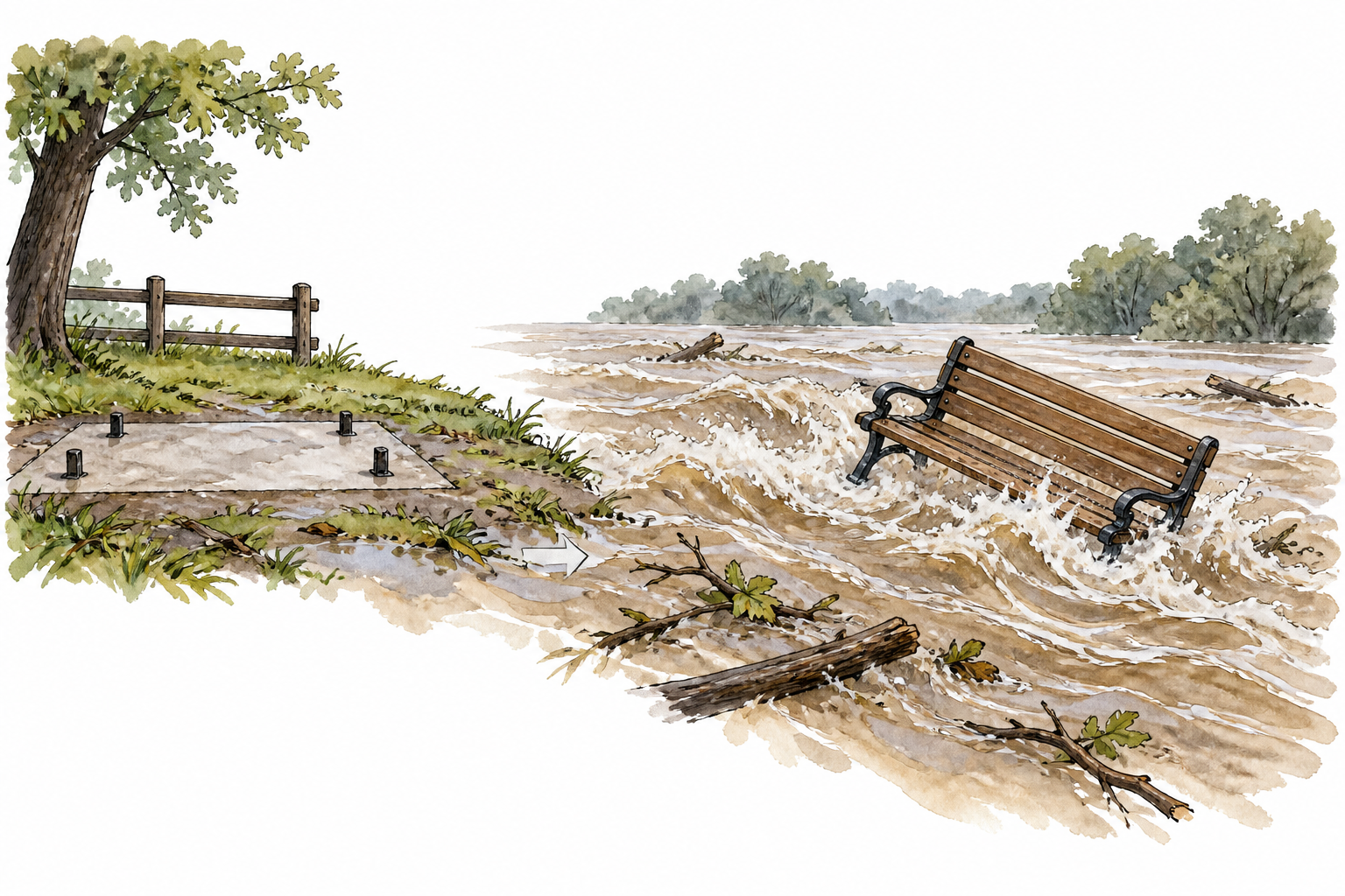 Large floodwater lifts a wooden bench from its usual marked spot and pushes it downstream, displacement clearly shown.