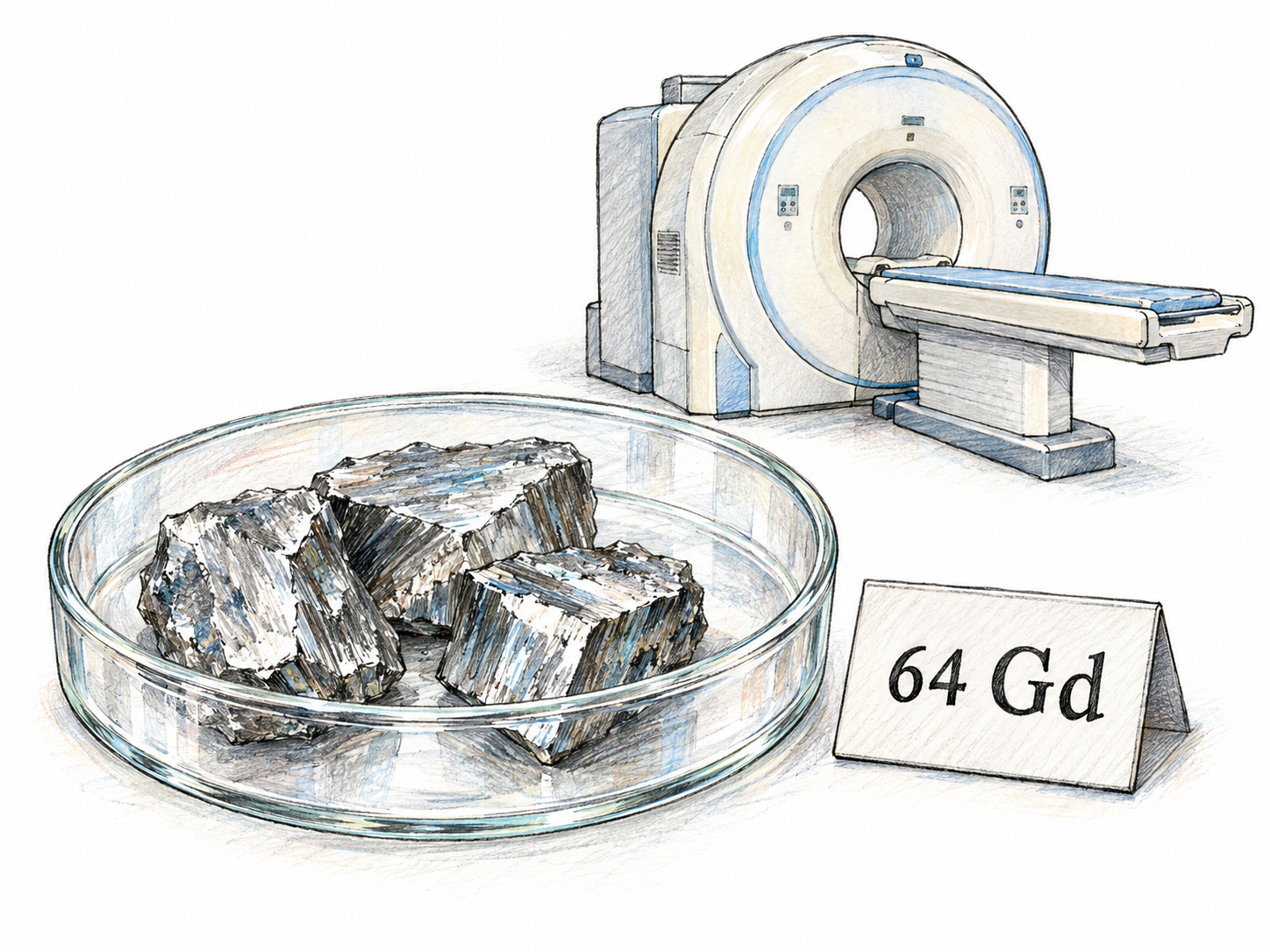 A silvery gadolinium metal specimen in a shallow laboratory dish identified by the functional chemical notation “64 Gd,” with a simplified MRI scanner set apart behind it as a secondary medical-imaging cue.