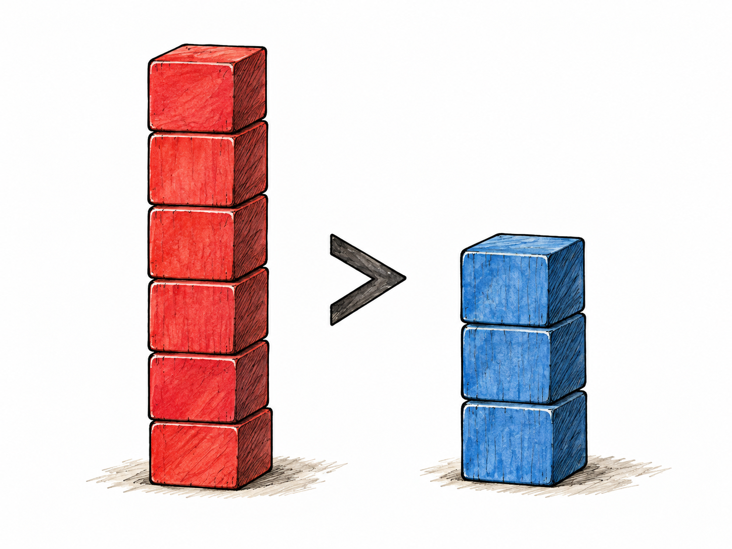 Simple comparison: a taller stack of six red blocks beside a shorter stack of three blue blocks, one small functional greater-than symbol between them, no other marks or text.