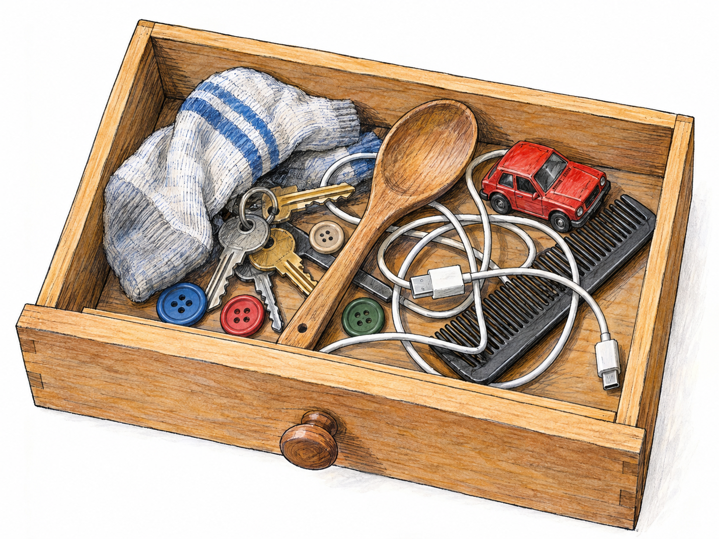 An open shallow drawer crammed with a disordered mixture of unrelated everyday objects, overlapping at odd angles with tangled cord running among them.