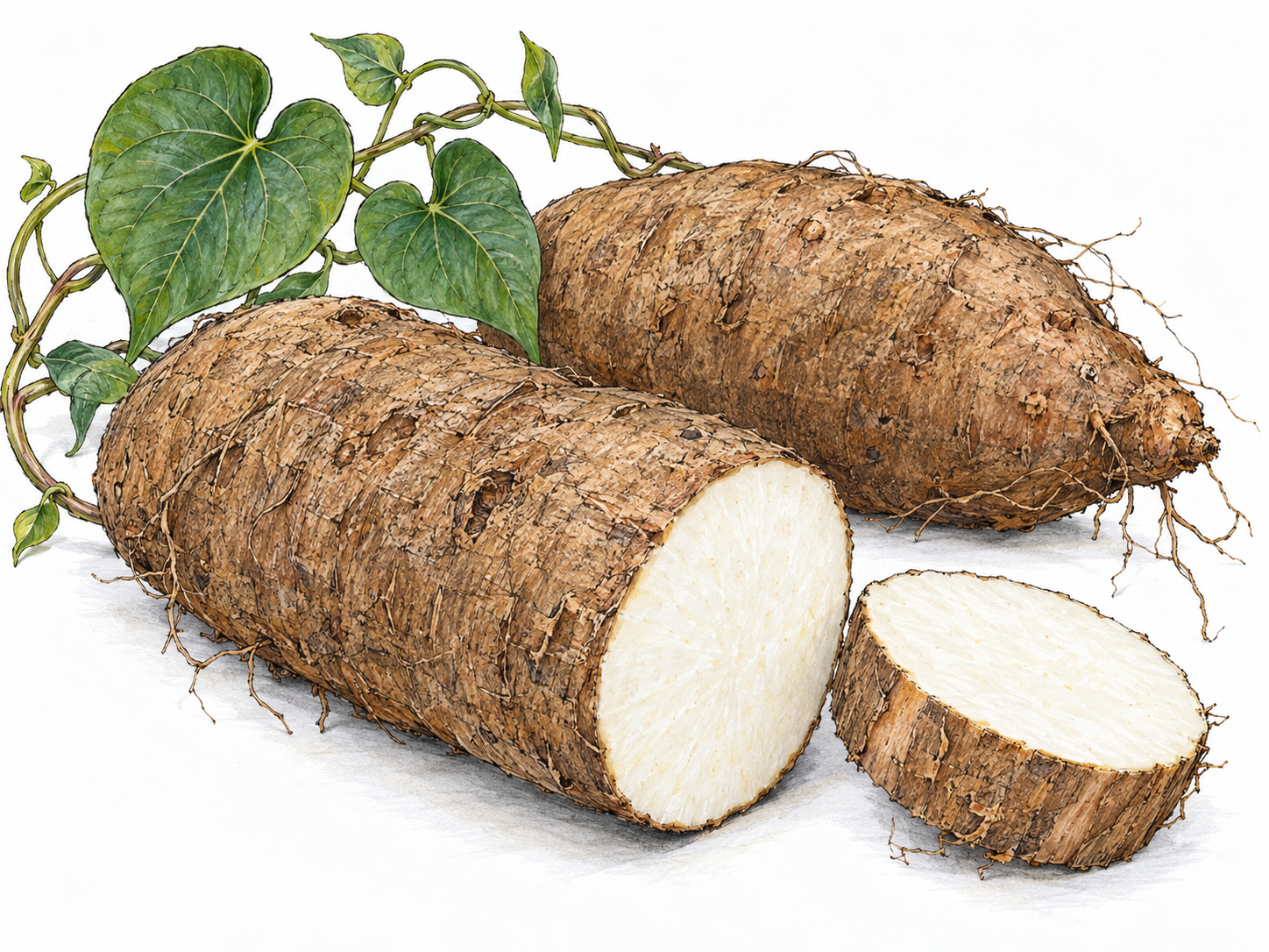 A true yam tuber with rough brown bark-like skin and a freshly cut end revealing dense white flesh, beside a matching whole tuber and a short leafy section of yam vine.