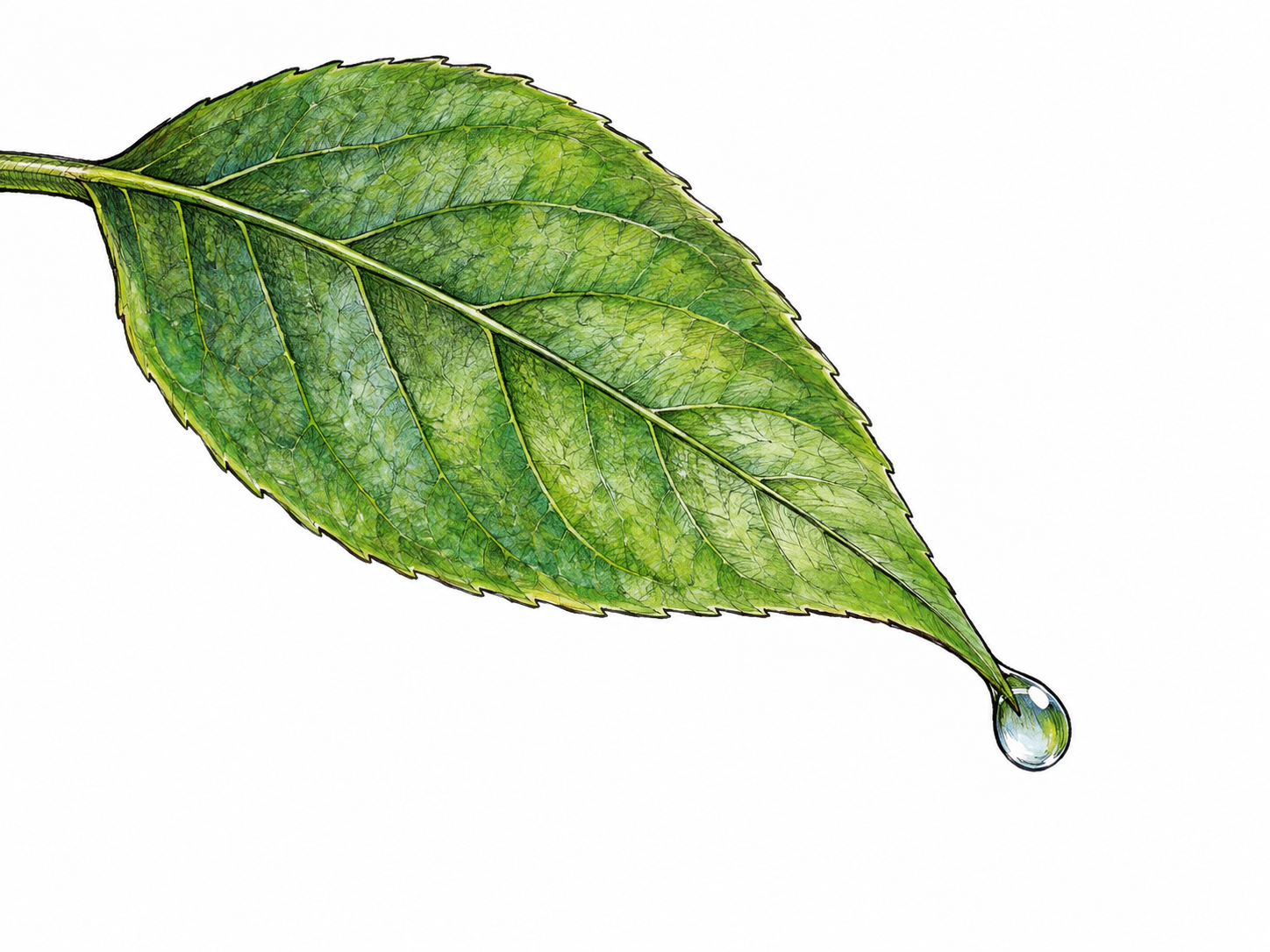 A tiny rounded bead of clear water rests on the tip of one green leaf, a single curved droplet made legible with fine drawn contours and natural highlights; no giant orb, no labels.