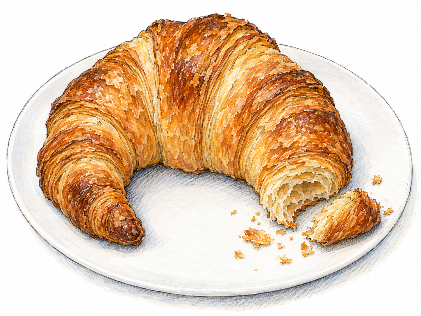 A golden crescent-shaped croissant with clearly visible flaky laminated layers, accompanied by a small torn end revealing its airy interior.