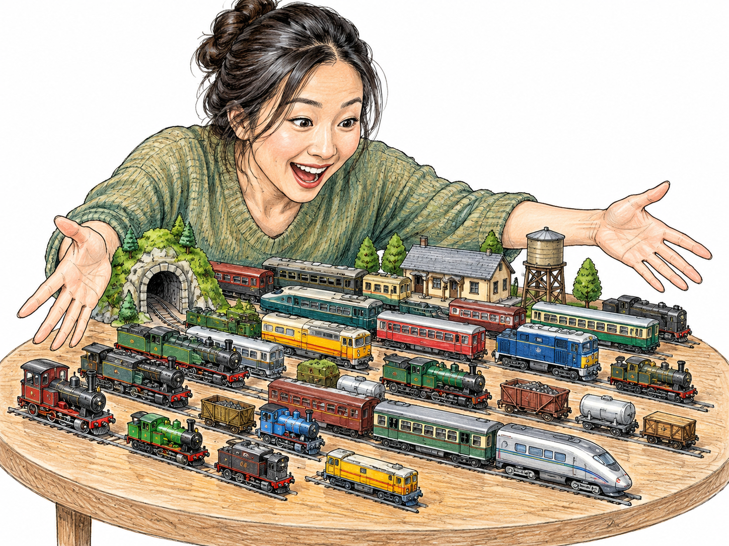 An enthusiast excitedly shows an unusually large carefully arranged collection of tiny toy trains on a small tabletop, animated expression conveying an intense craze; no branding, numbers or writing.