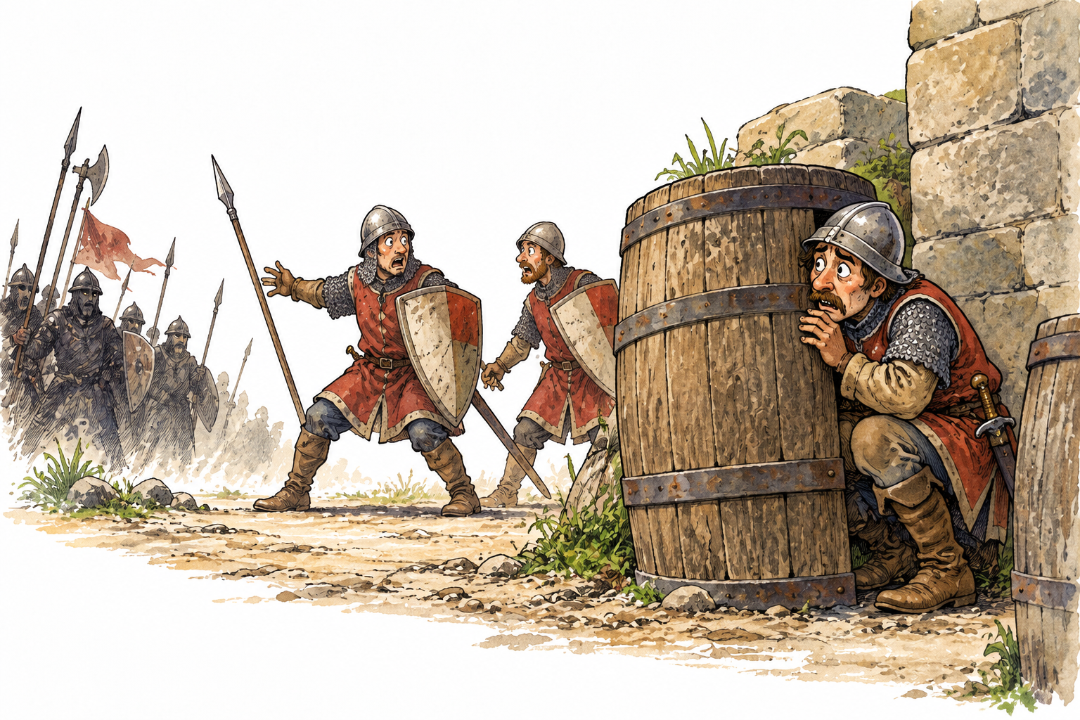A timid guard abandons companions and hides behind barrel as danger approaches, companions look dismayed, cowardice shown by retreat, no writing.