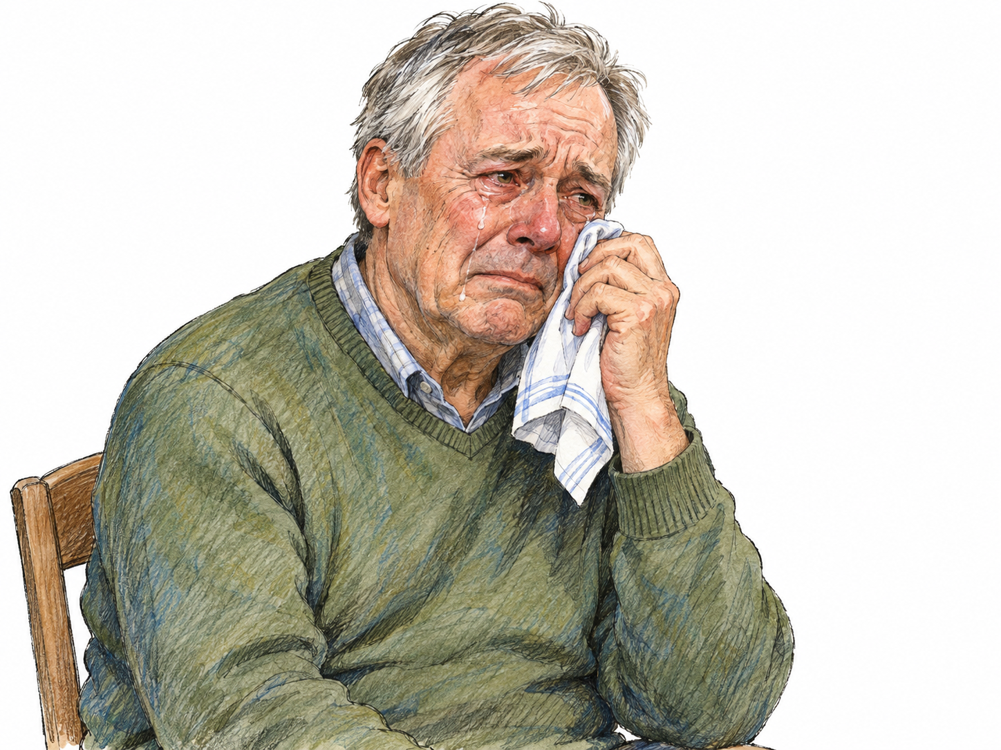 An older man sits quietly with tears running down his cheeks, holding a plain handkerchief near his face.