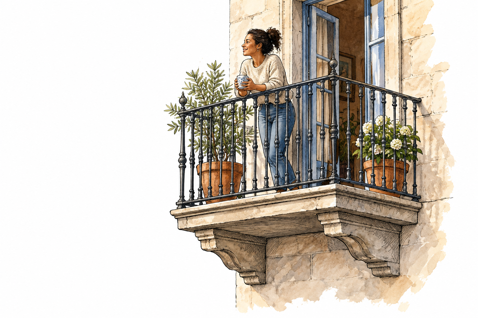 An upper-floor balcony projects from a building wall with secure railings and a pair of potted plants.