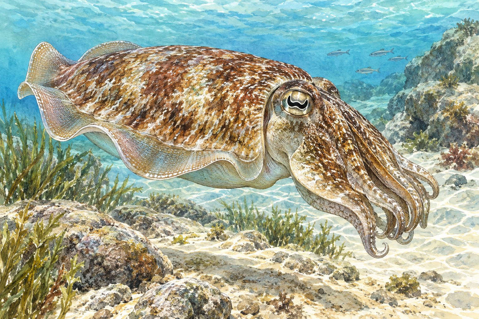 A cuttlefish swimming gently above a shallow Mediterranean seafloor, side three-quarter view showing its broad oval mantle, rippling side fins, prominent eye and clustered arms near its head, natural mottled russet cream coloration, underwater light and a few rocks.