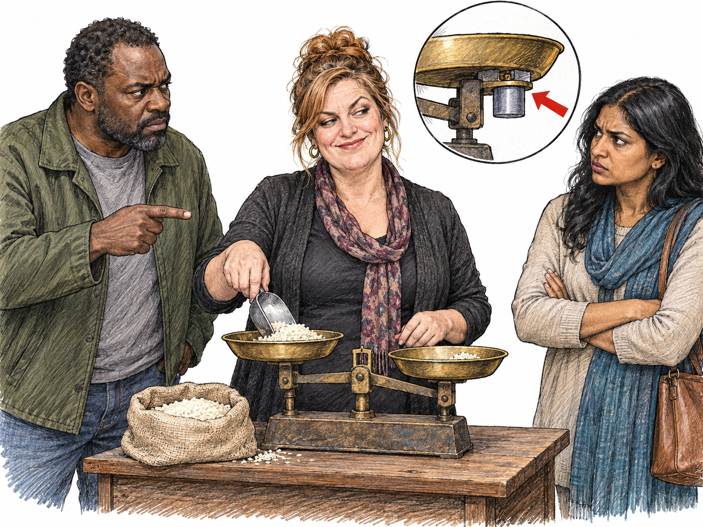 A fictional swindler is recognized by two wary former customers beside the same rigged balance used in a small inset; bad reputation tied to an explicit deed, no real-person likeness.