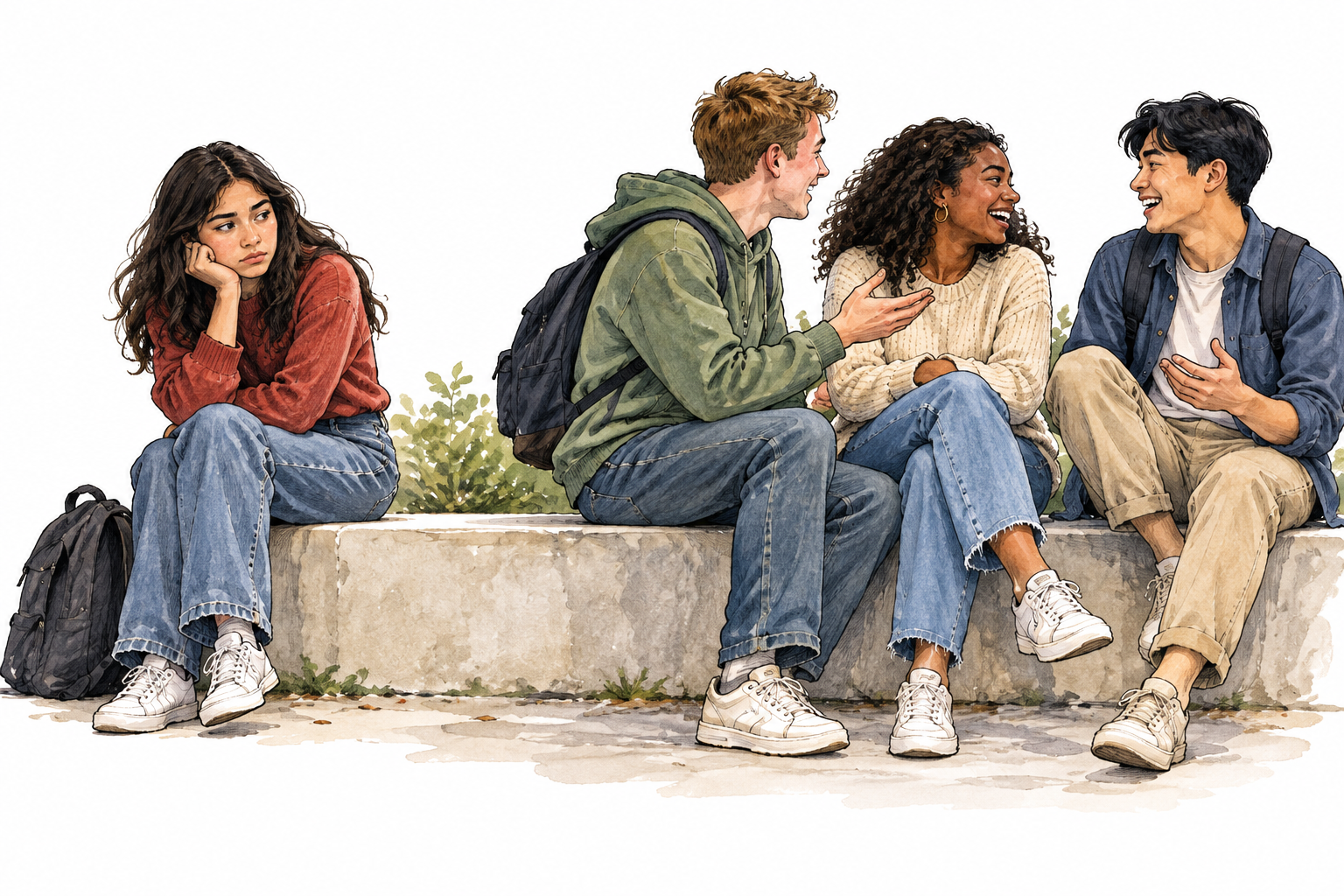 One person is excluded as friends turn away during a conversation, creating estrangement.