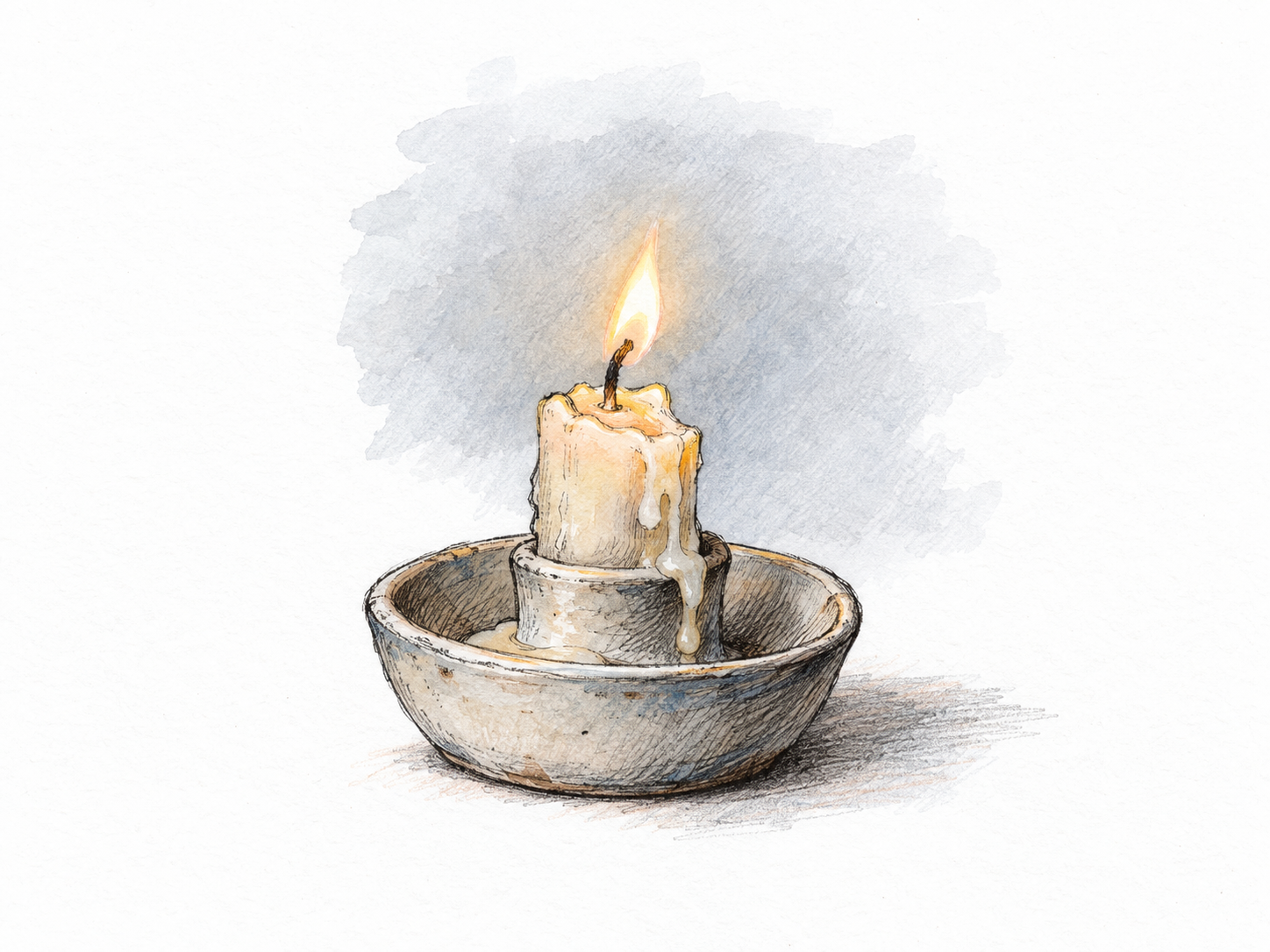 A nearly spent candle in a plain holder gives off a tiny, wavering flame and a faint glow, making the literal sense of glimmer immediately visible.
