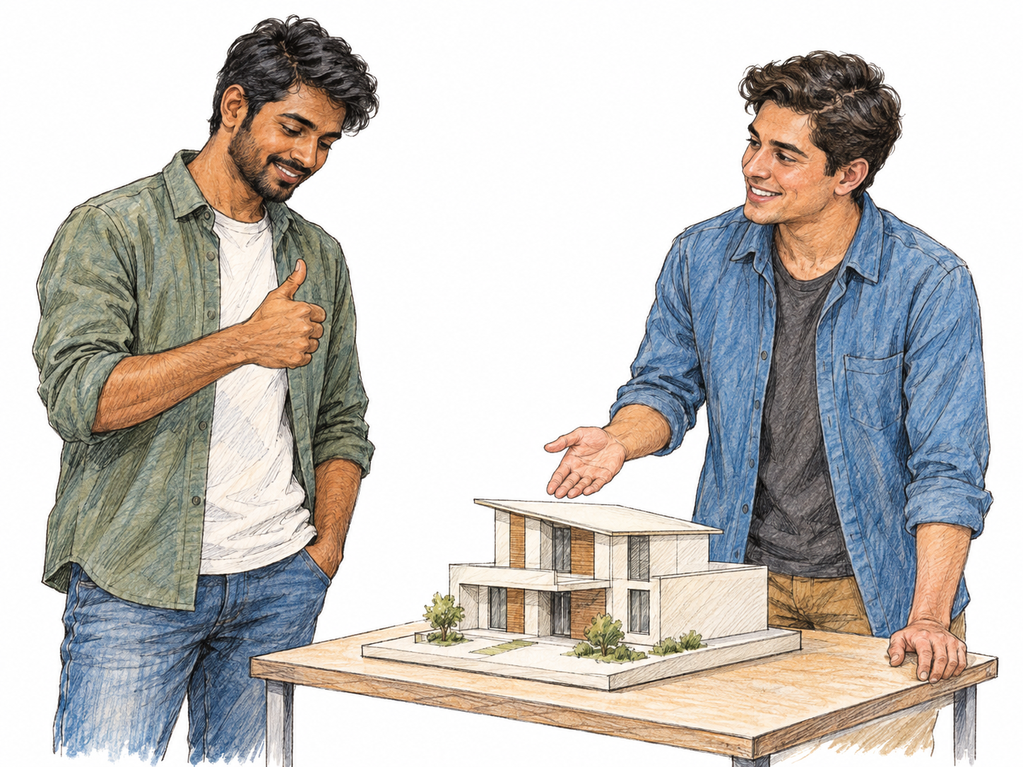 A reviewer gives an approving thumbs-up while examining a small architectural model presented by its designer, showing a favorable response.
