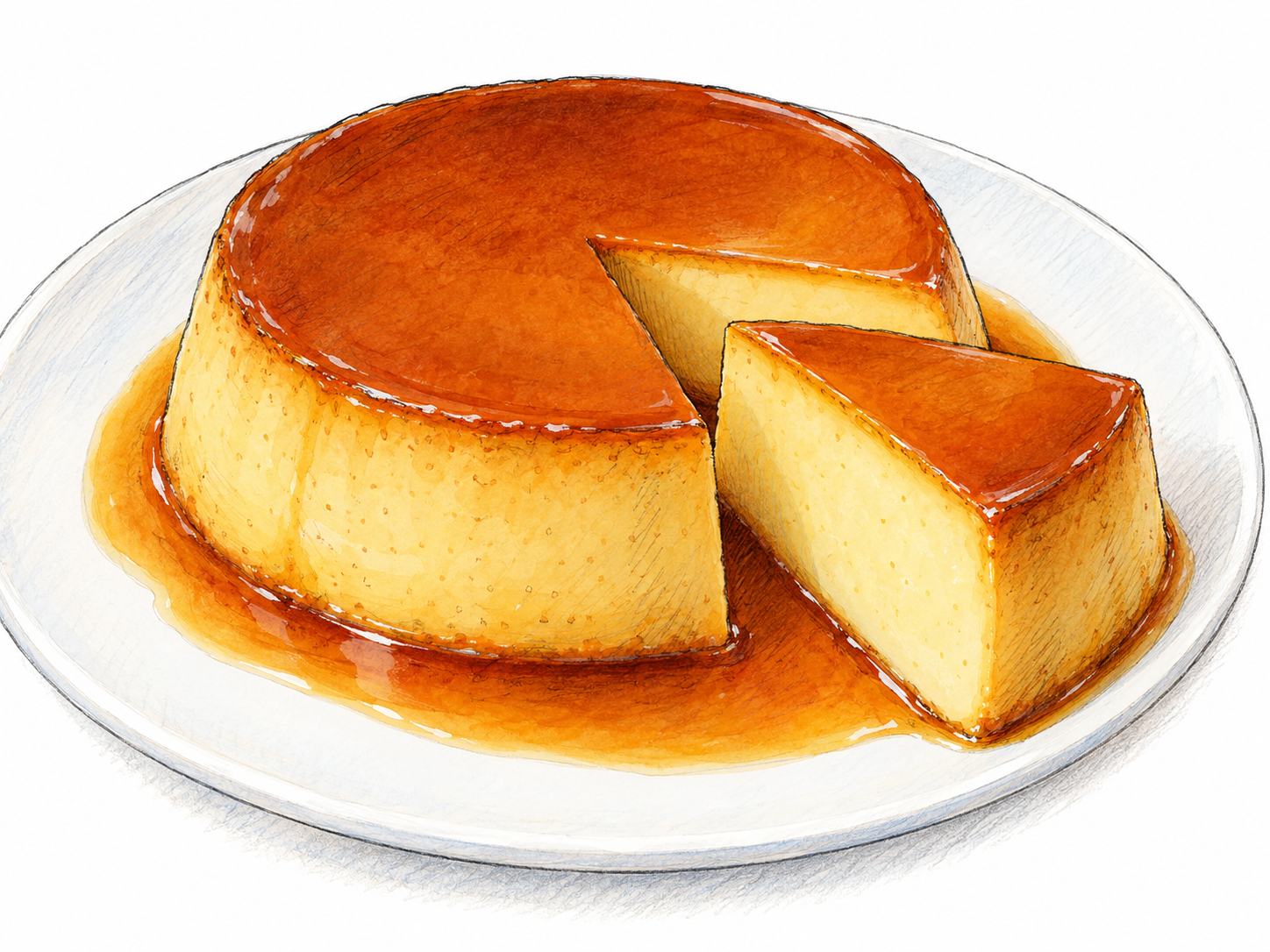 An unmolded caramel flan on a plain white plate, with one wedge pulled slightly away to reveal its smooth, pale-yellow custard interior beneath a glossy amber caramel top.