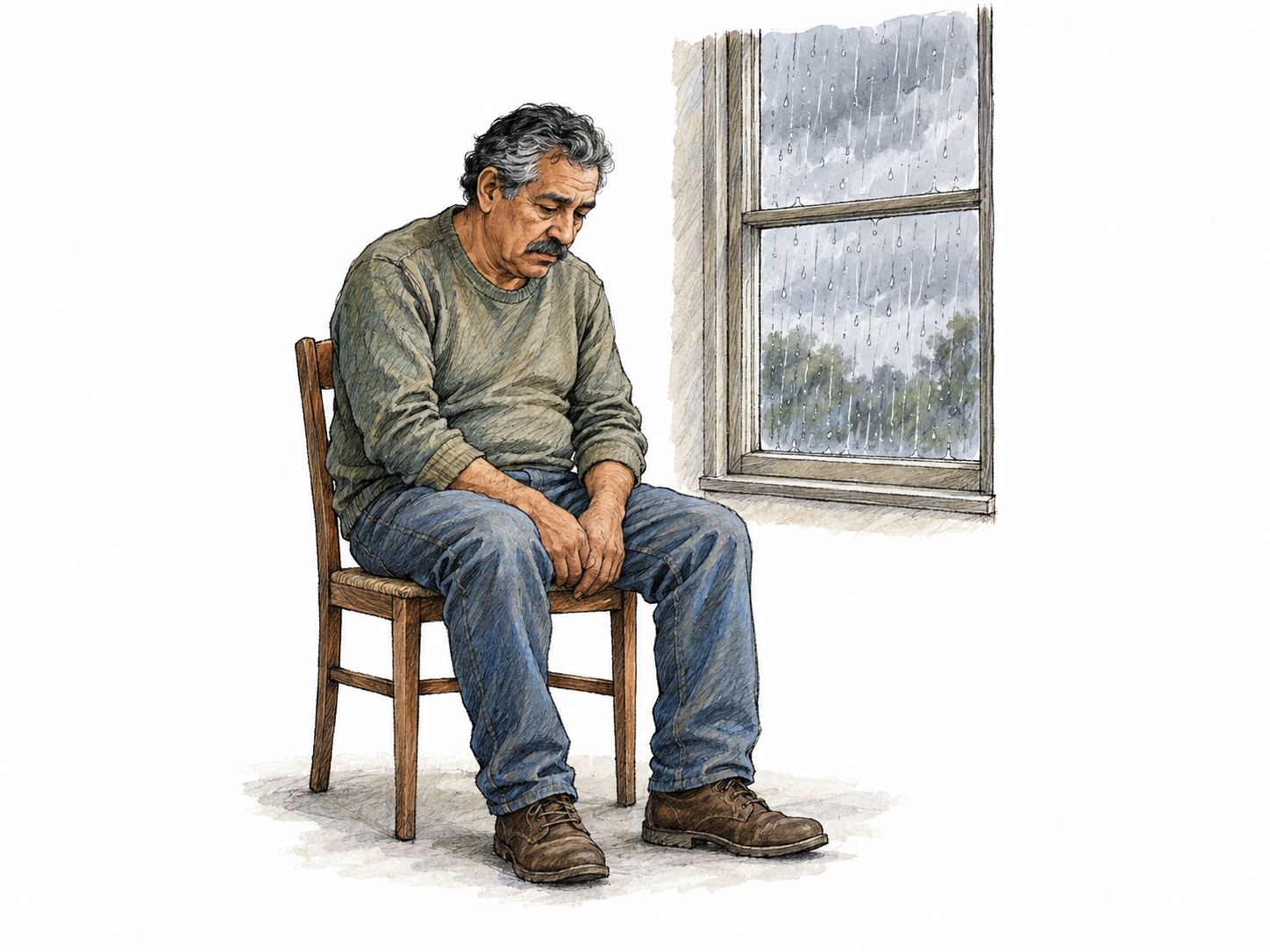 An older Latino man sits slumped beside a rain-streaked window, gazing downward with a discouraged expression.