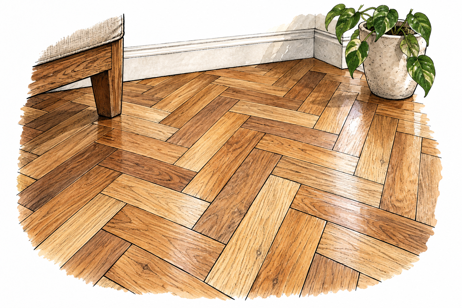 Close view of a parquet floor with carefully fitted small wooden pieces in a herringbone pattern.