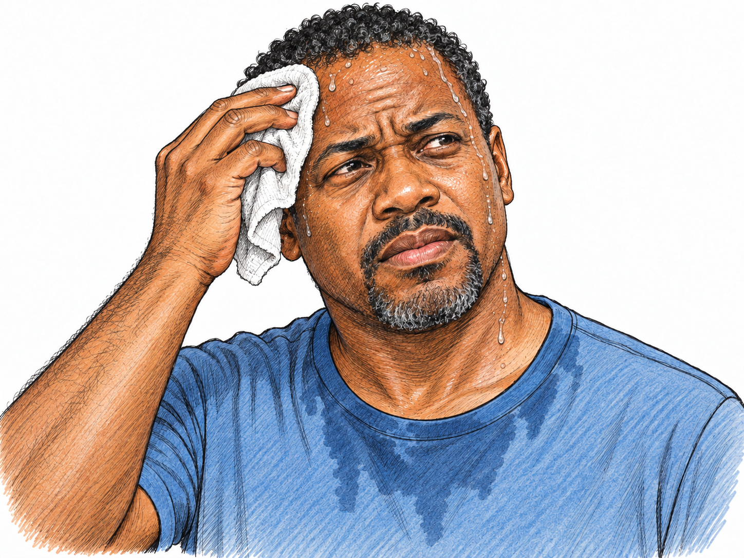 Close view of a hot man wiping his brow, with clearly visible beads of sweat across his forehead, temples, and neck and a damp patch at his shirt collar.