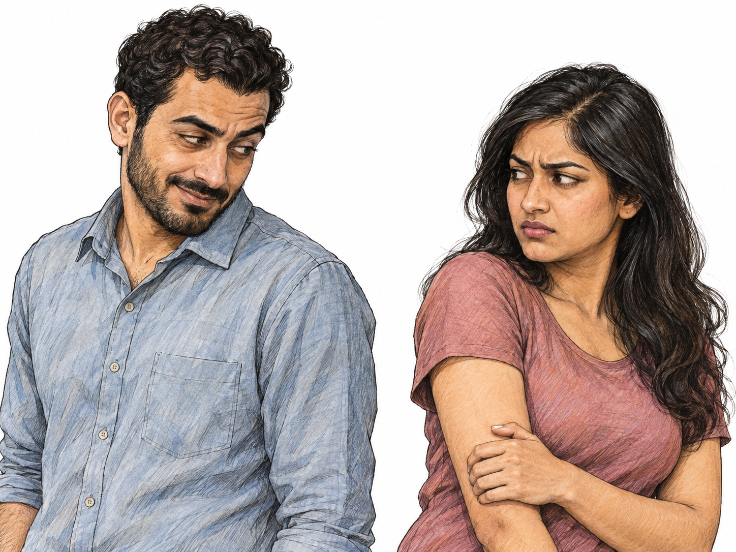 A man gives a woman an intrusive sideways look, with narrowed eyes and a crooked, suggestive smirk.
