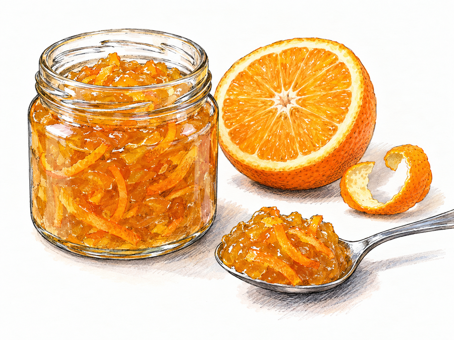 An open glass jar of translucent orange marmalade with clearly visible citrus-peel strips, accompanied by a spoonful and a cut orange.