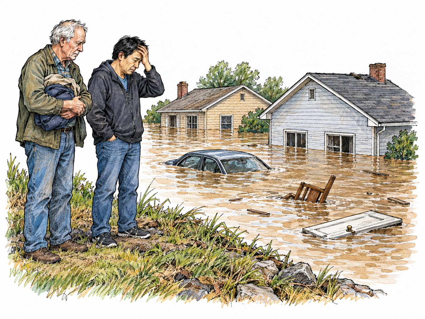 Two displaced residents stand on dry higher ground overlooking a devastating neighborhood flood: water reaches house windows, a car is partly submerged, and broken household debris floats past.