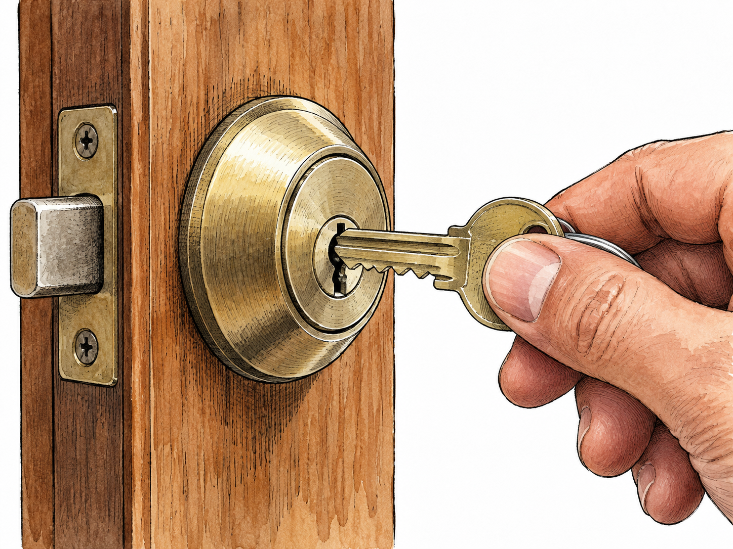 Close-up door lock with key entering keyhole.