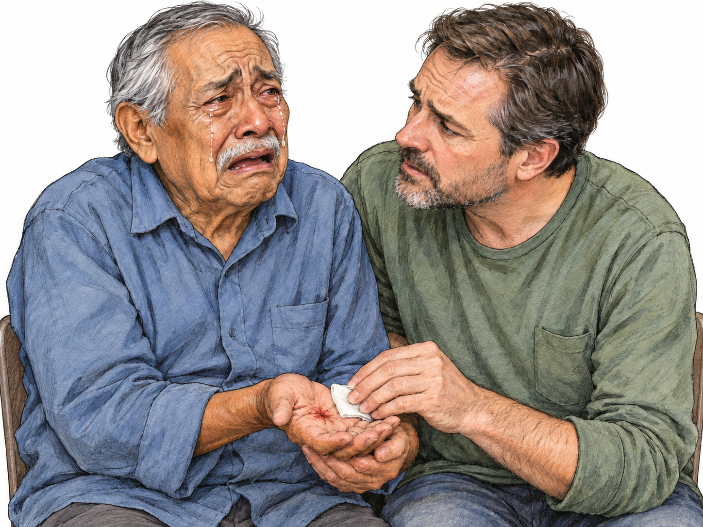An older man gives a small, weak cry while a companion gently dresses his scraped palm; tearful facial strain, a narrowly opened trembling mouth, and the companion leaning close reinforce whimpering rather than loud sobbing.