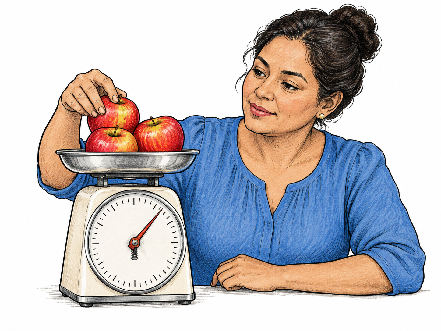 Woman places apples onto pan of simple analog kitchen scale and watches pointer to measure heaviness.