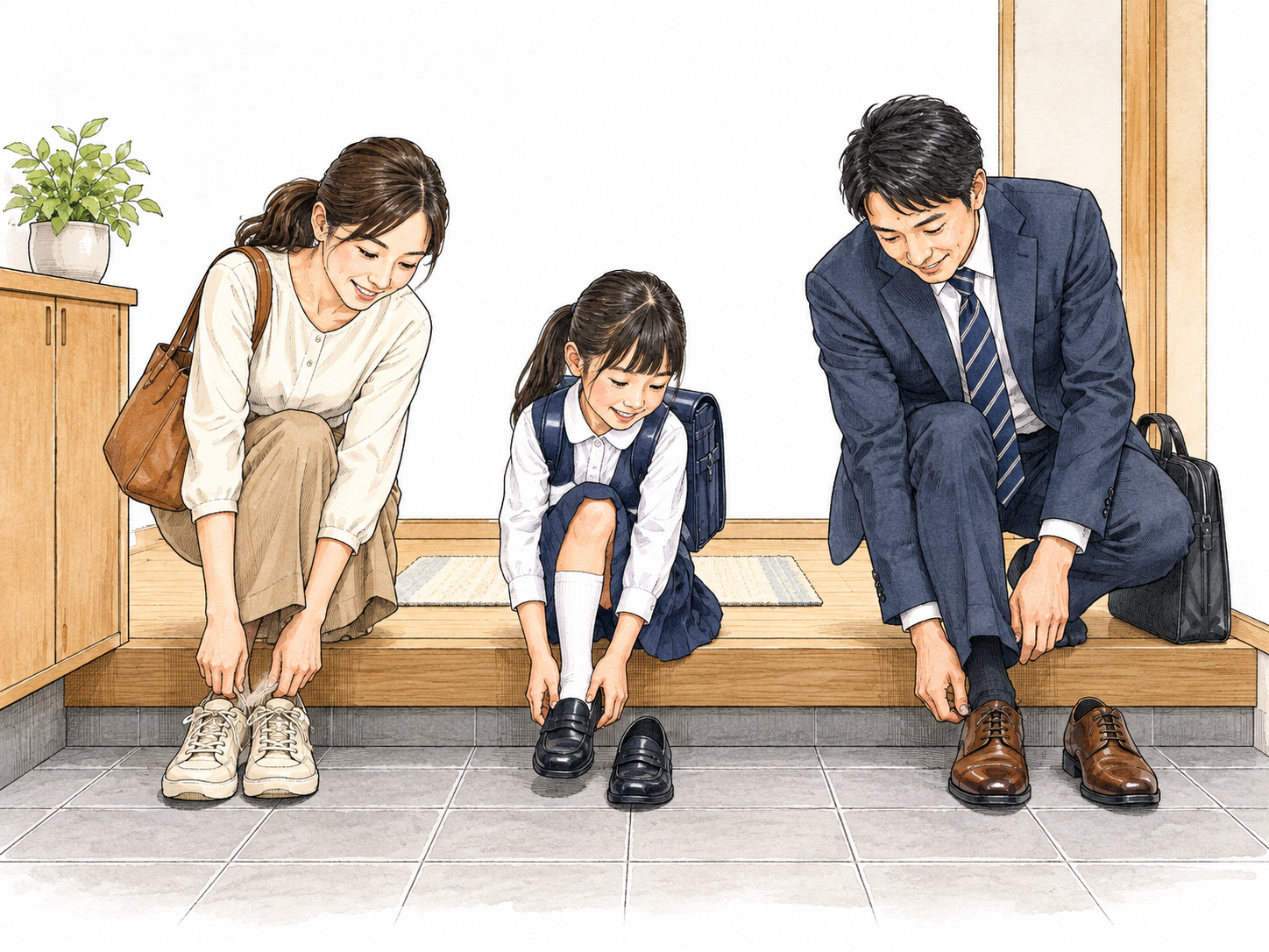 A Japanese family removes outdoor shoes neatly at the home entry before stepping onto the raised clean floor, visible customary household practice, accurate genkan layout.