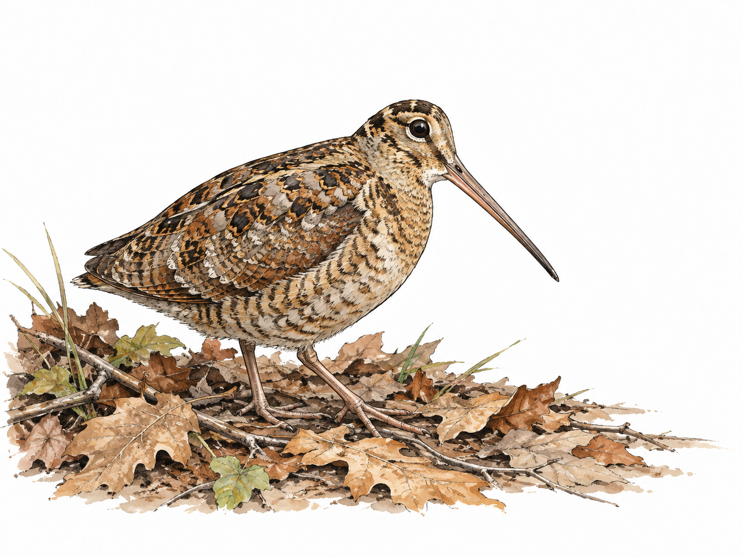 A natural woodcock with long straight bill and mottled brown plumage on leaf litter.