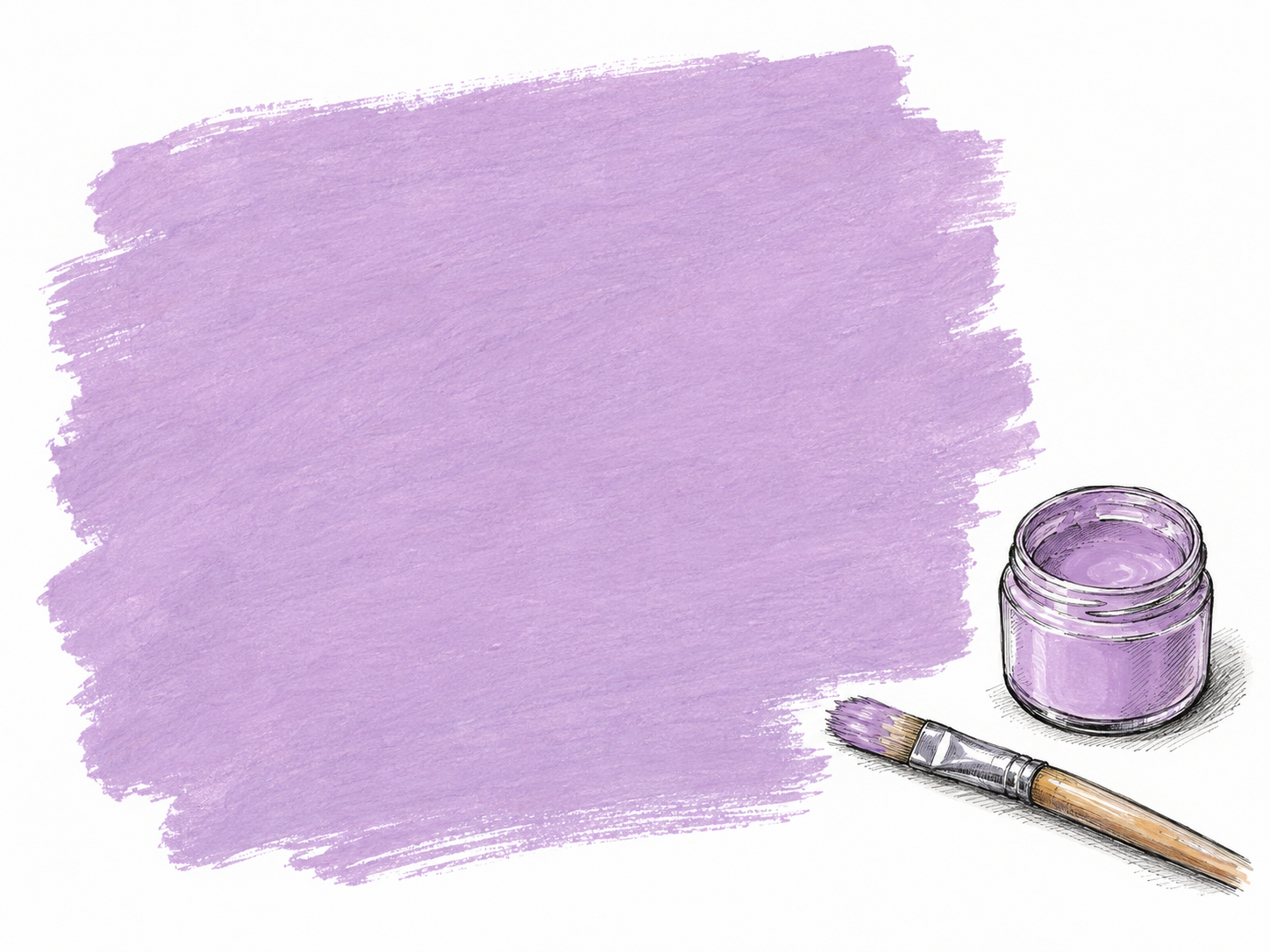 A broad swatch of pale, softly muted purple paint beside an open paint pot of the same color, making the color itself the dominant subject.