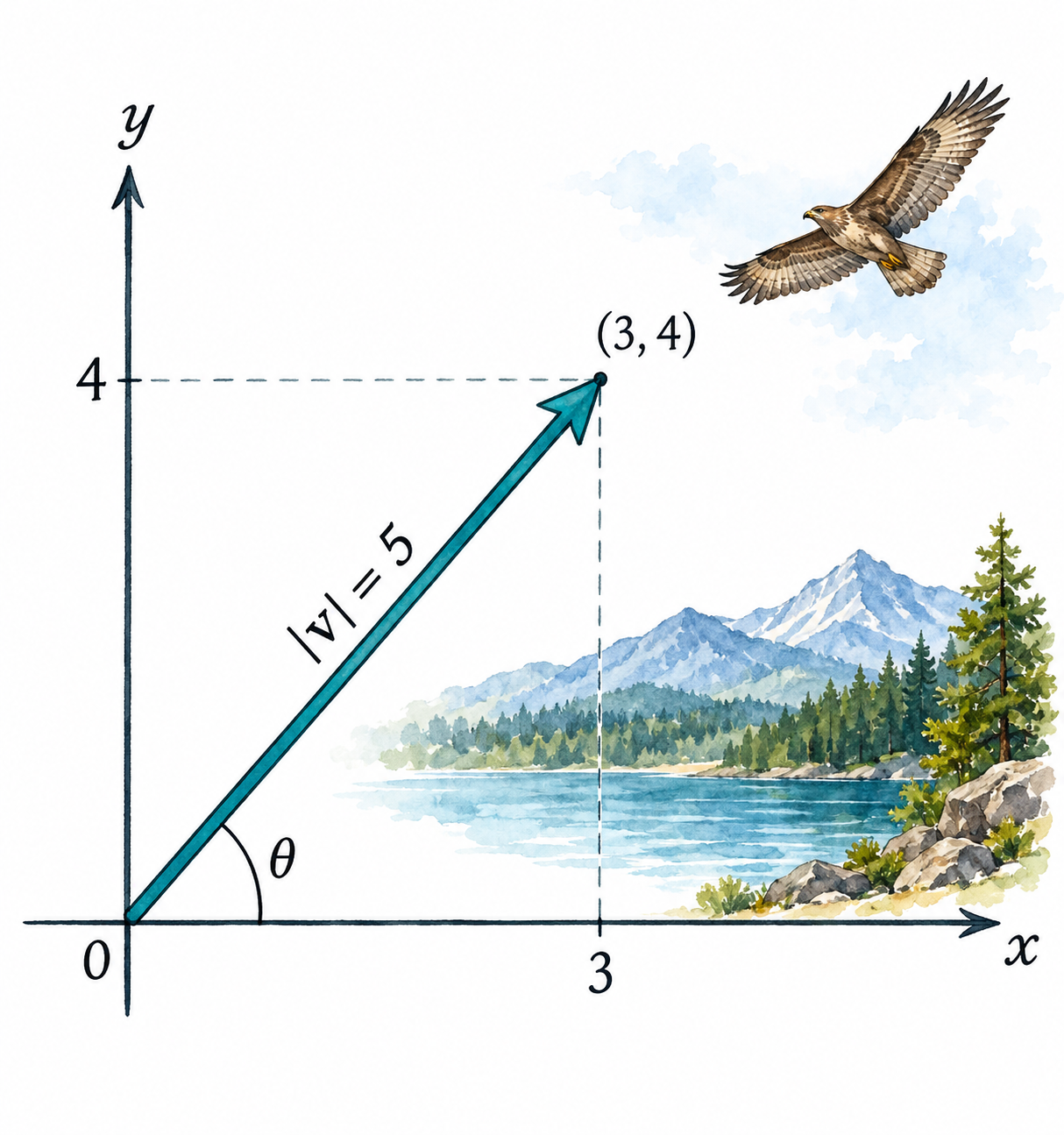 One clear mathematical vector arrow from origin on a simple coordinate grid, showing magnitude and direction, functional x and y labels only.