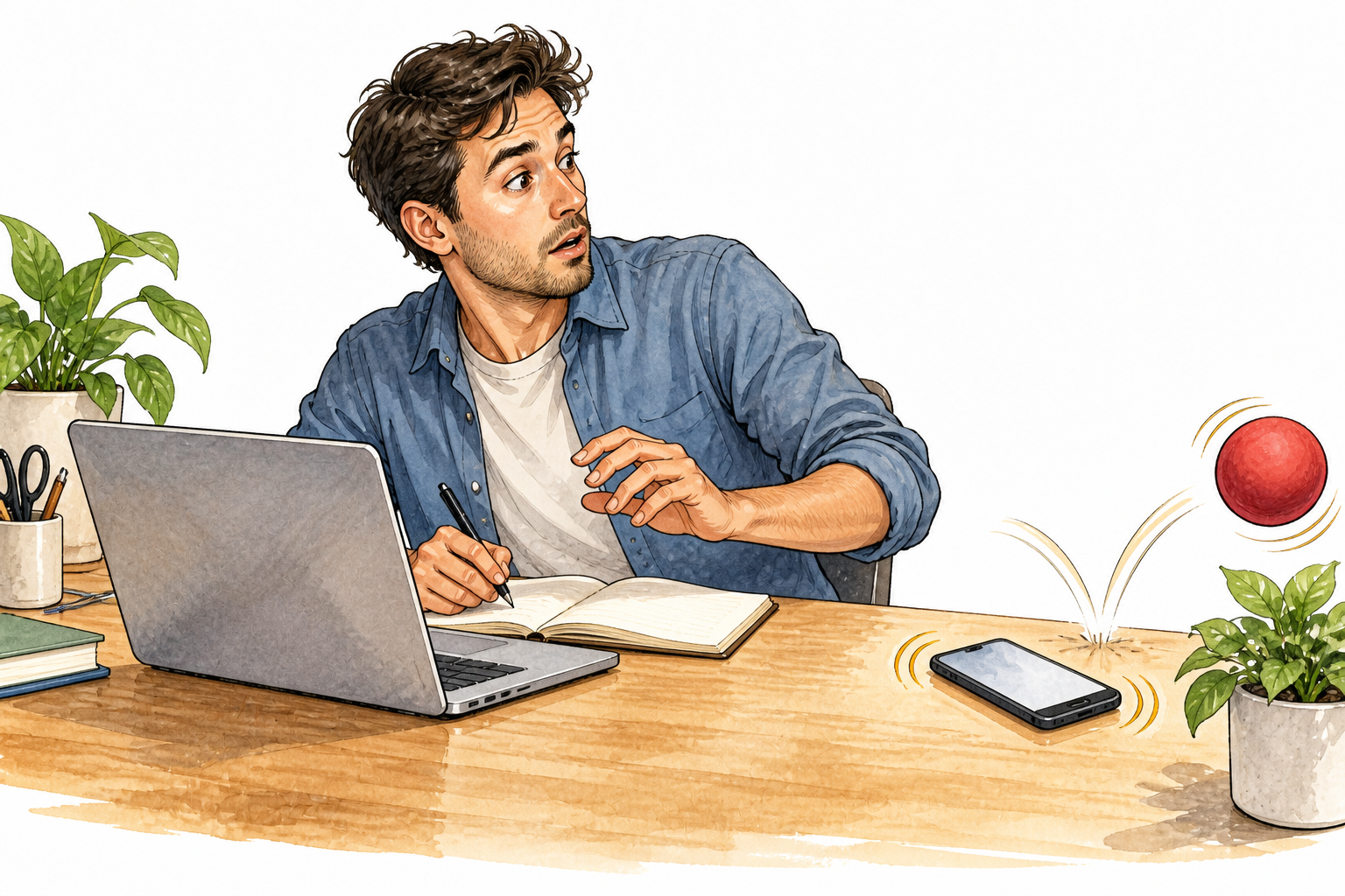 A buzzing smartphone and bouncing ball interrupt a person trying to work at a tidy desk, blank phone screen, no writing.