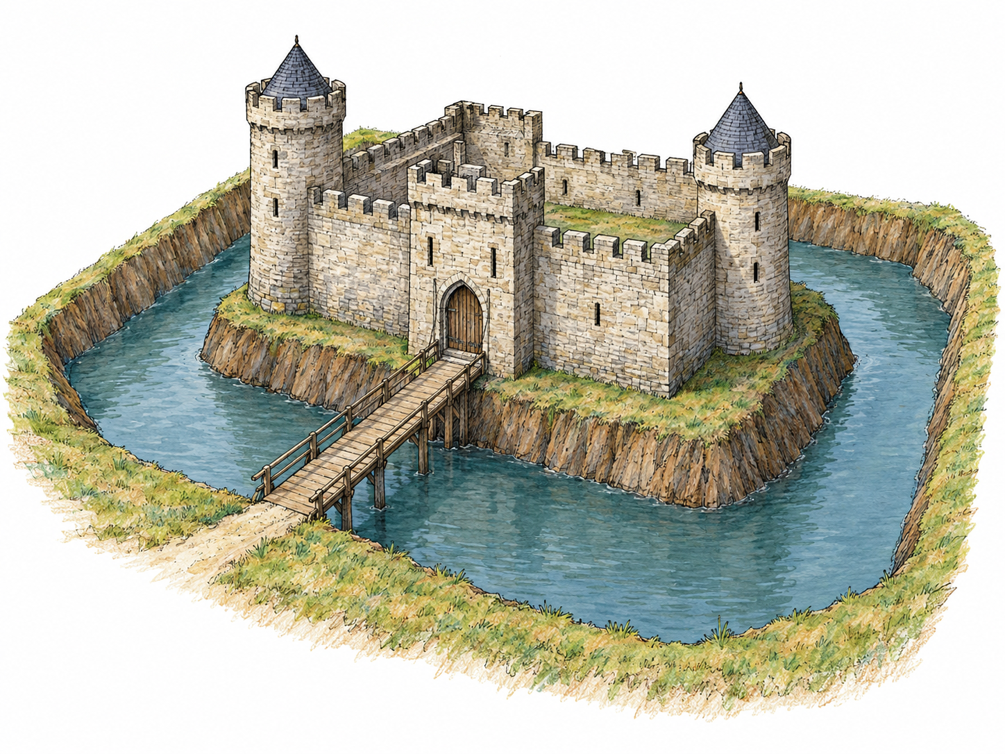 An elevated three-quarter view of a medieval stone castle encircled by a broad, deep water-filled ditch, with steep banks and a single wooden bridge spanning the moat.