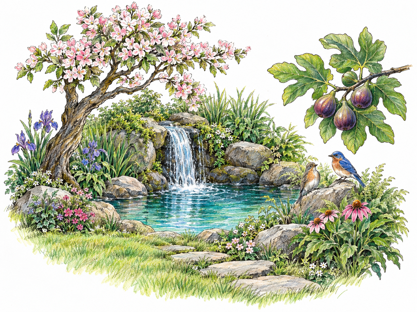 An idyllic garden oasis: a clear turquoise pool fed by a small waterfall, flowering trees, lush fruit and flowers, and songbirds create a visibly beautiful, tranquil haven.