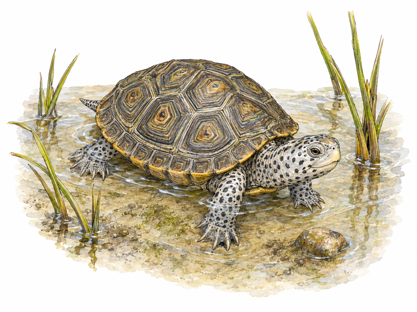 A small diamondback terrapin wades through shallow coastal-marsh water beside a few saltmarsh grass stems, with its patterned shell, spotted head and webbed feet clearly visible.