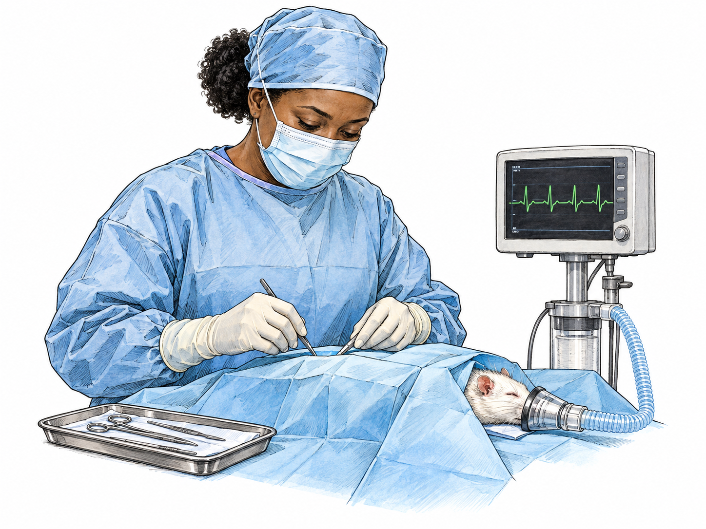 Sober ethical laboratory surgery on living anesthetized adult rat under sterile drape; only furred head and breathing nose cone visible, surgeon uses instrument at draped operative area with incision entirely hidden.