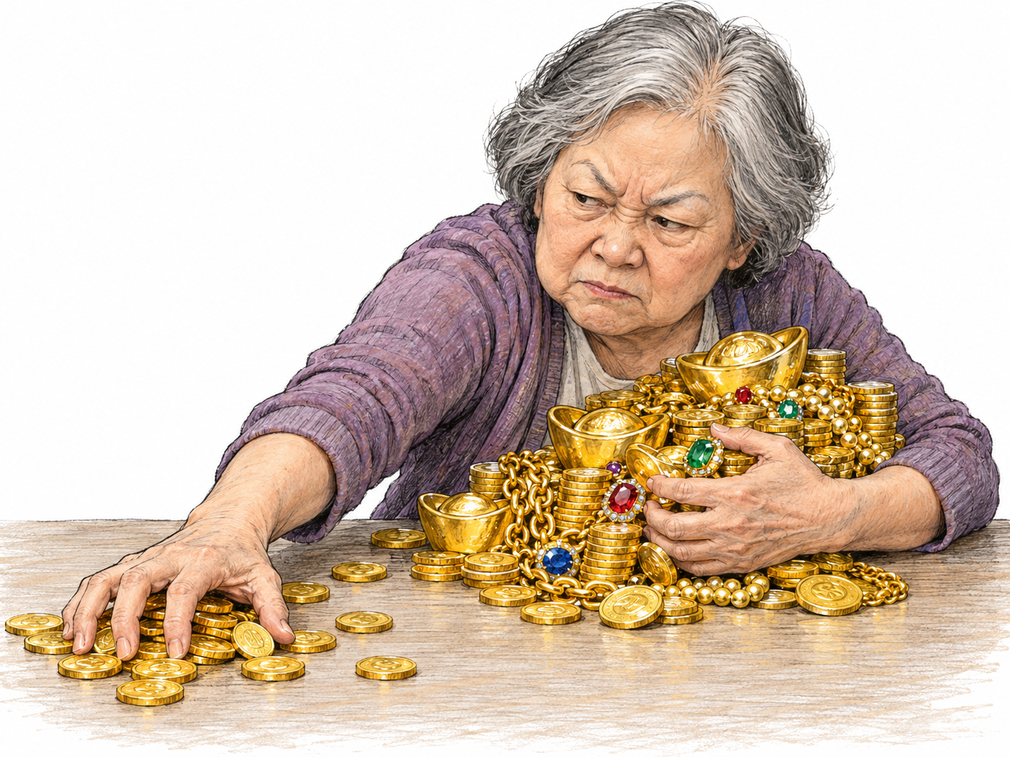 An already wealthy woman protectively hugs an excessive heap of gold and jewelry while greedily reaching for still more treasure beyond her grasp.