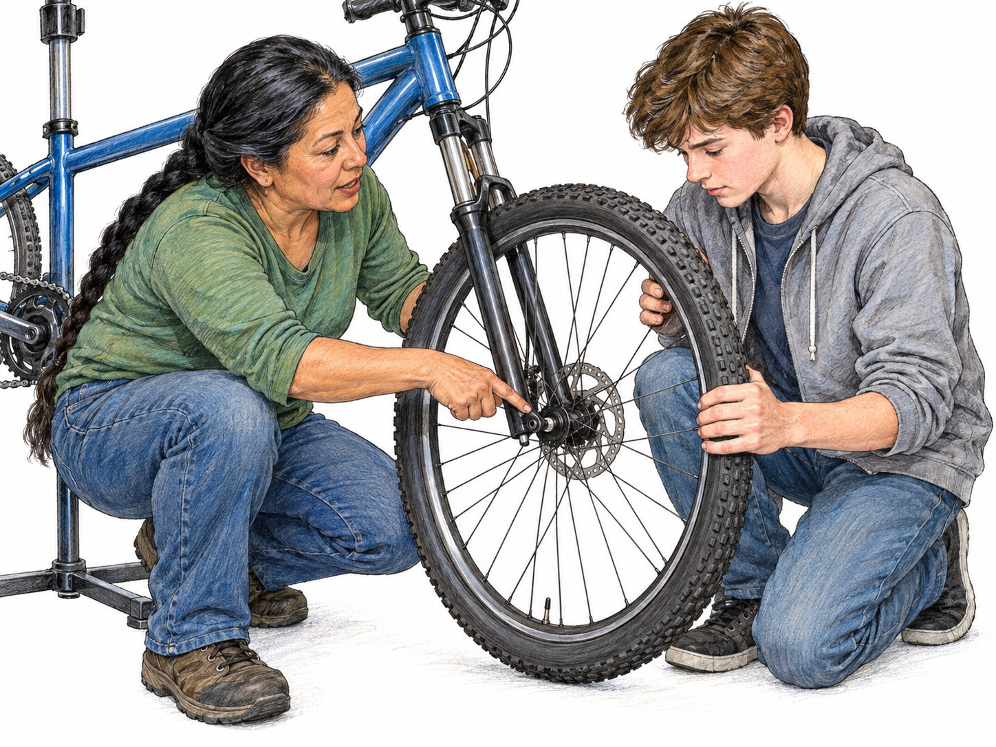 A skilled adult bicycle mechanic teaches a teenage learner how to fit a bicycle wheel into its fork.