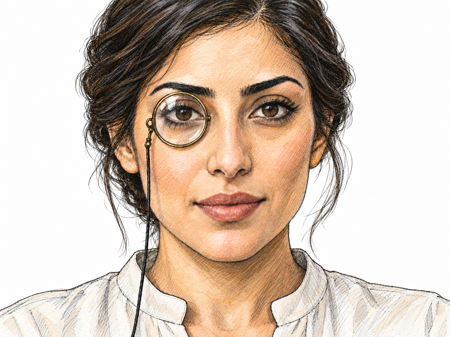 Close-up portrait showing a single round eyeglass seated around one eye, with the other eye bare and no hand holding the lens.