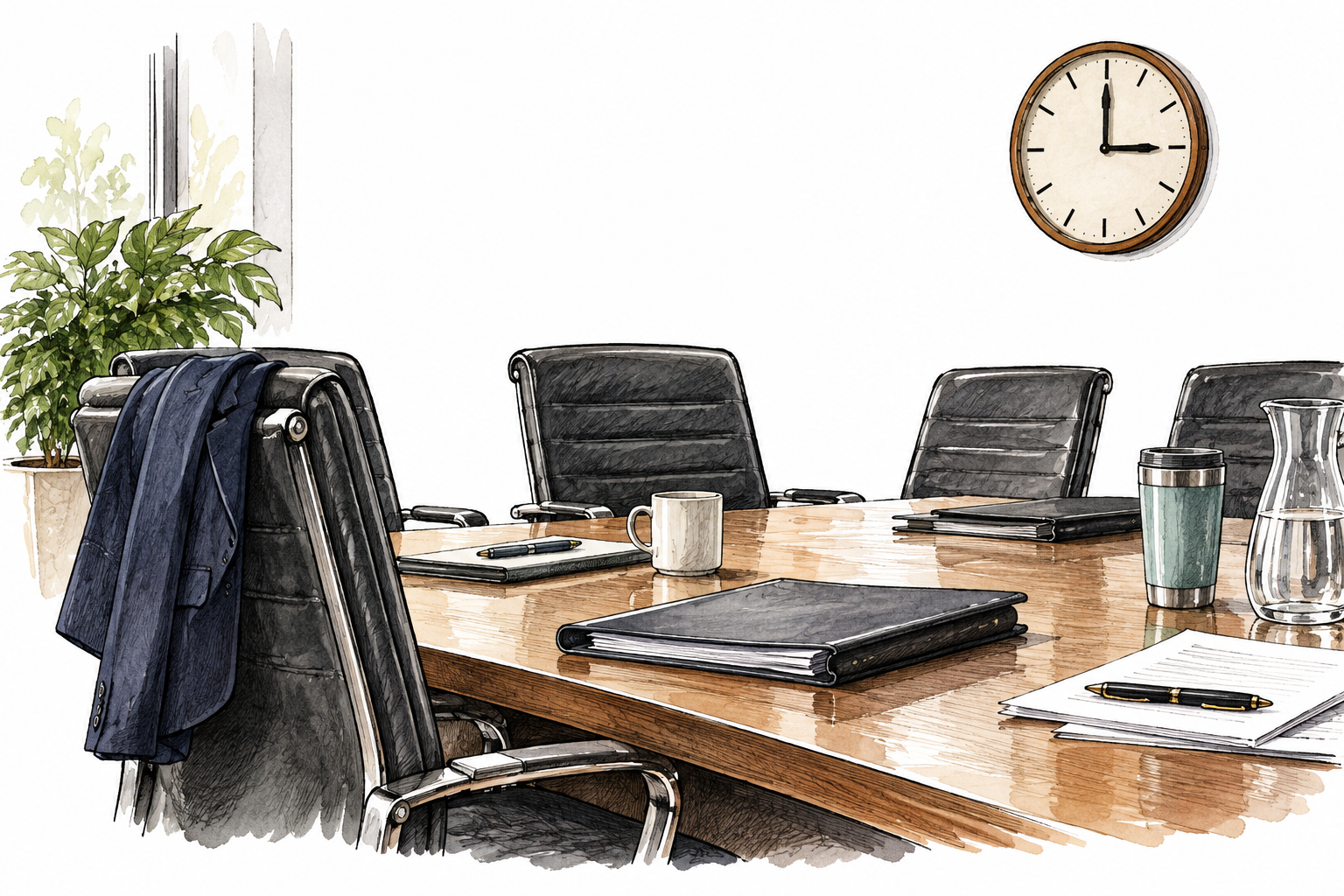Empty meeting table and chairs after session is paused, clock and closed documents.