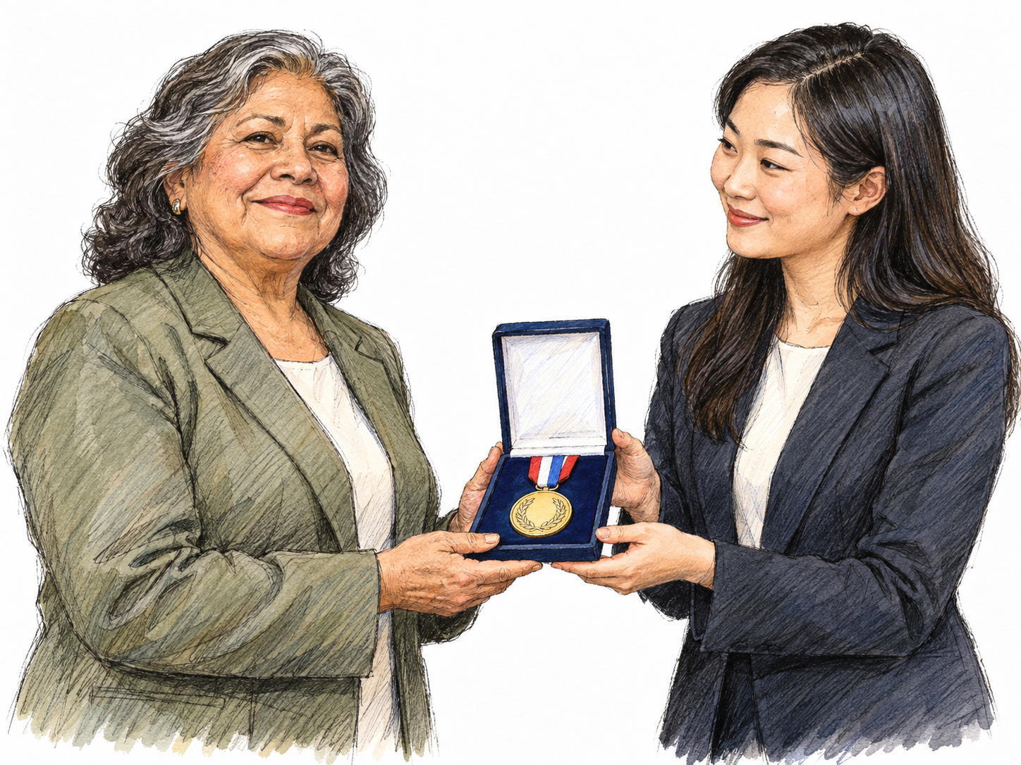 At a small formal recognition ceremony, an older Latino woman receives a ribboned medal from a young adult East Asian woman.