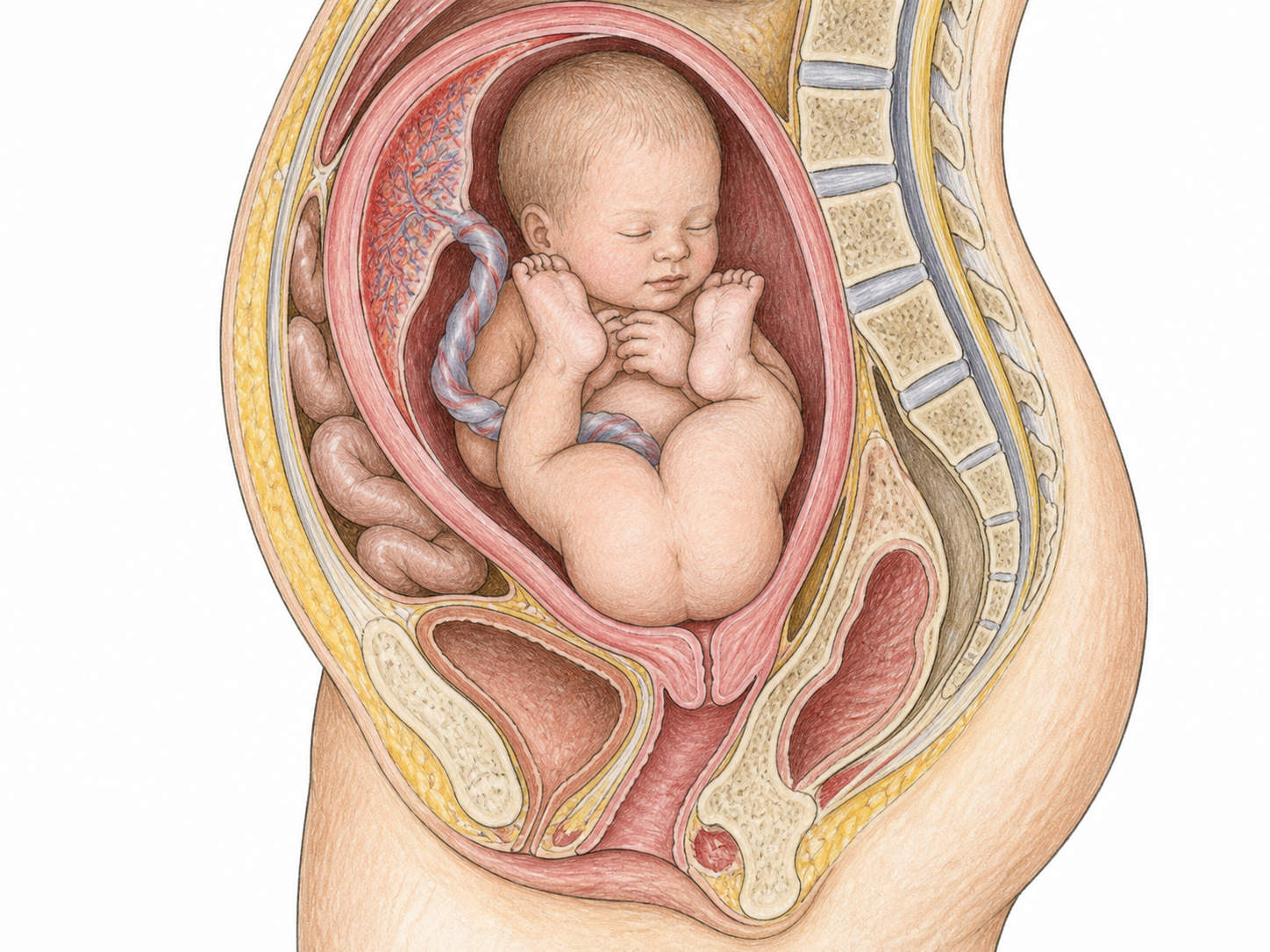 A fetus lies head upward and buttocks toward the cervix in the uterus.
