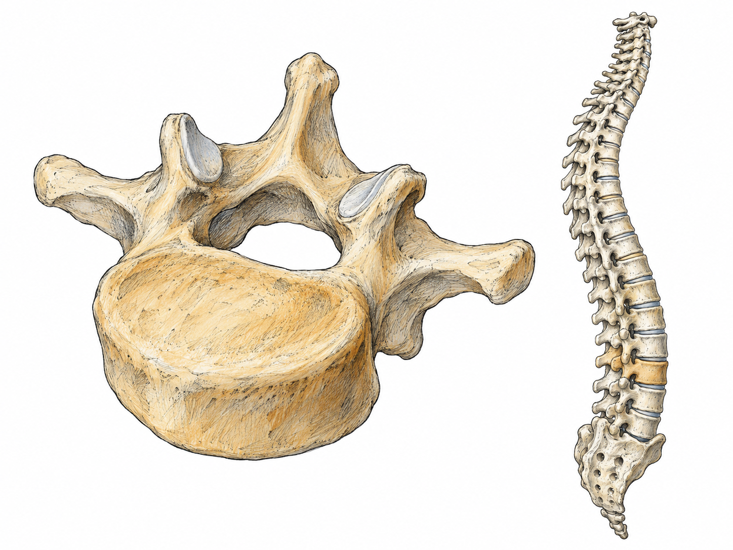 A single human lumbar vertebra prominently displayed beside a smaller articulated backbone, with the corresponding bone subtly emphasized to make its membership in the spine visible.