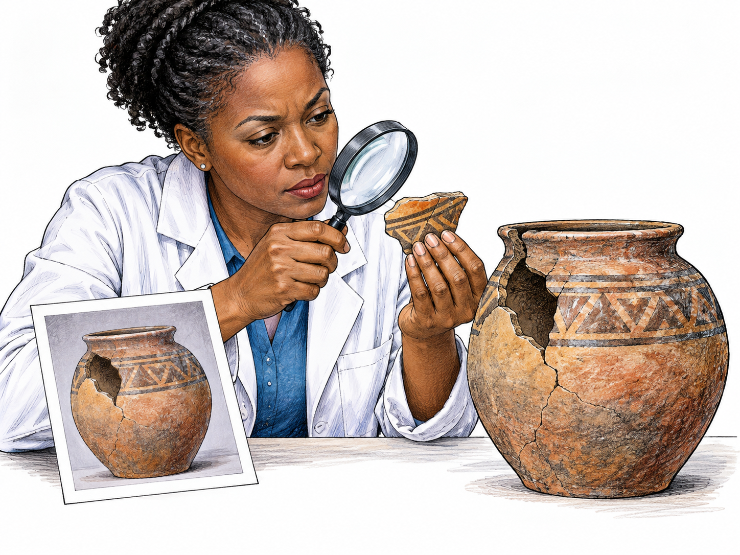 A researcher compares a claimed broken fragment with the larger object it fits precisely, using a magnifying glass and a matching photograph as concrete evidence; no writing, symbolic proof by physical match.