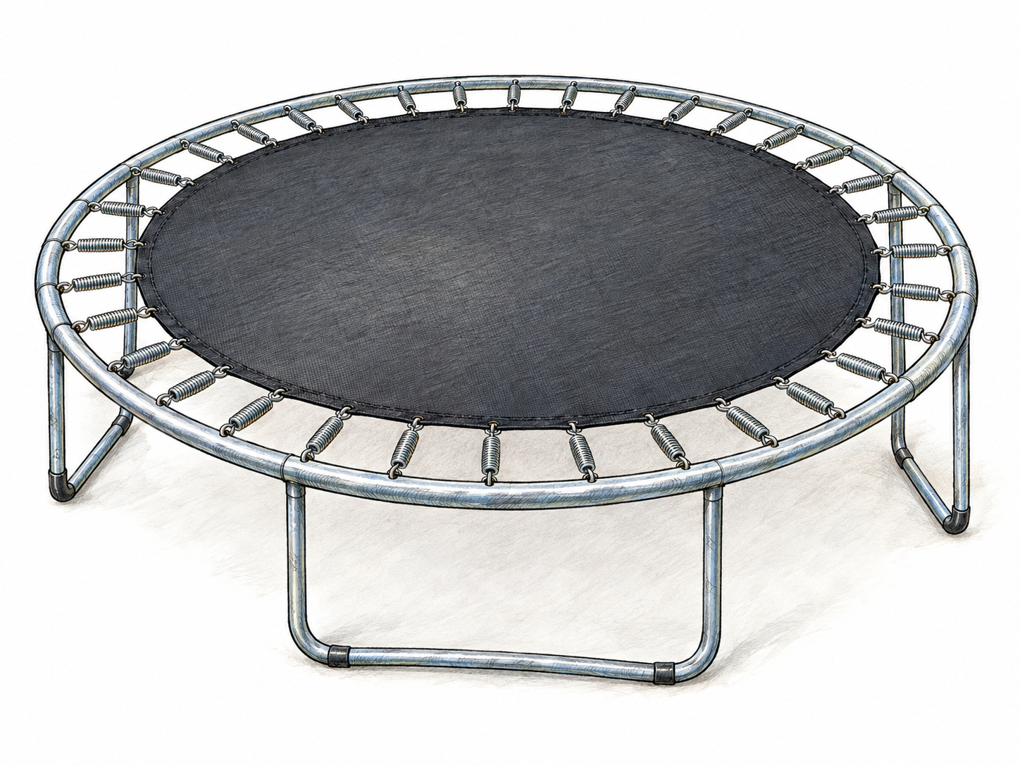 An isolated trampoline in three-quarter view, clearly showing its taut fabric jumping bed, radial coil springs, tubular frame, and supporting legs.