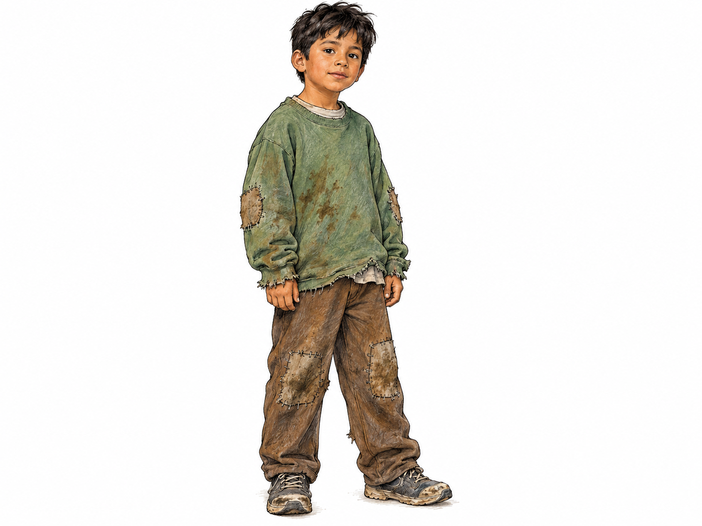 A fully clothed school-age child whose visibly dirty, threadbare, frayed and patched clothing directly communicates the frozen sense of ragamuffin.