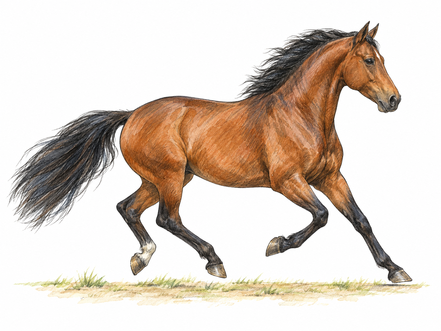 A single horse cantering freely in side view, its relaxed carriage and compact, coordinated stride showing a smooth gait rather than a full-speed gallop.