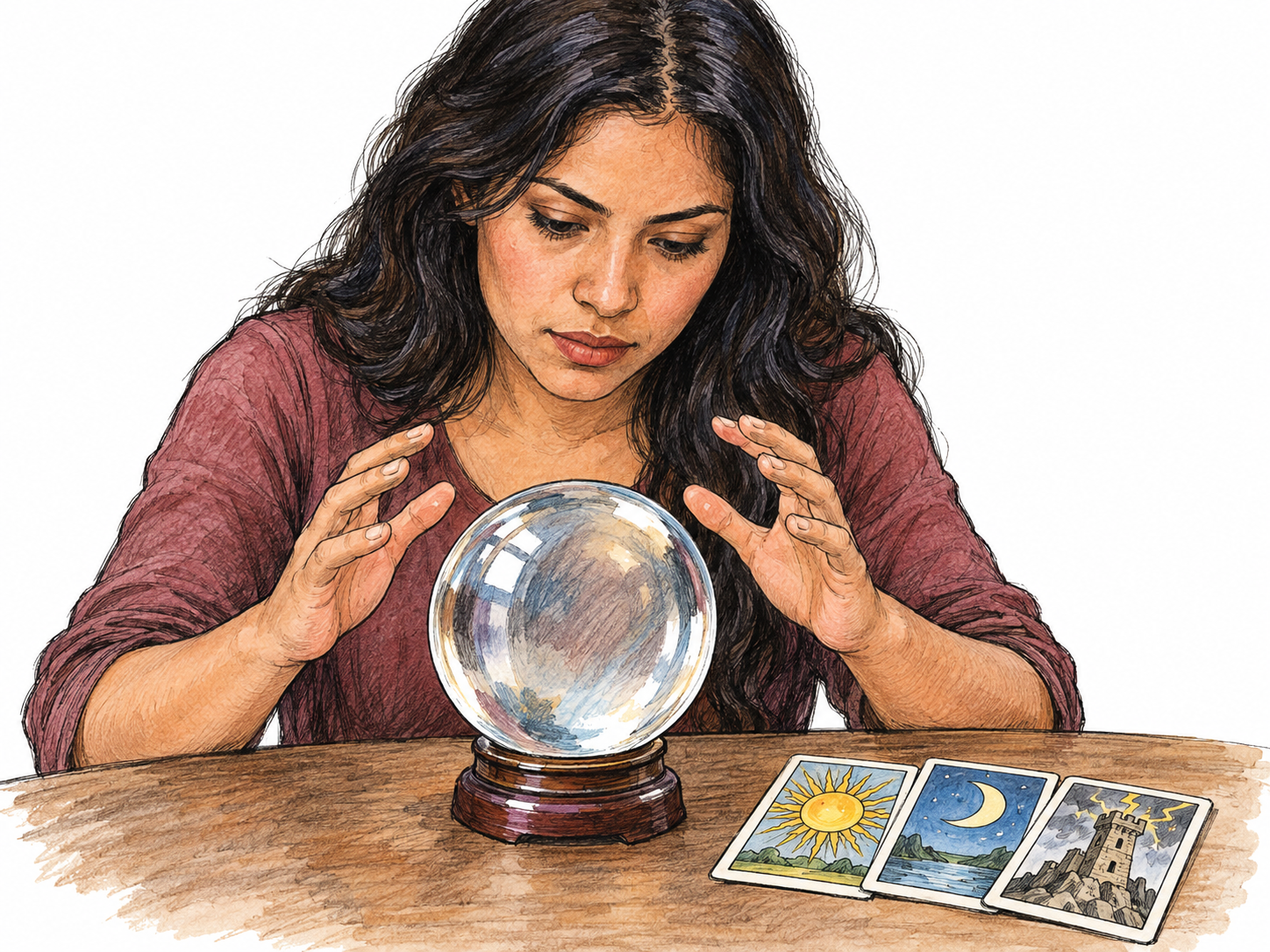 A contemporary fortune-teller studies a crystal ball beside a spread of pictorial tarot cards, visibly practicing divination rather than demonstrating supernatural powers as fact.