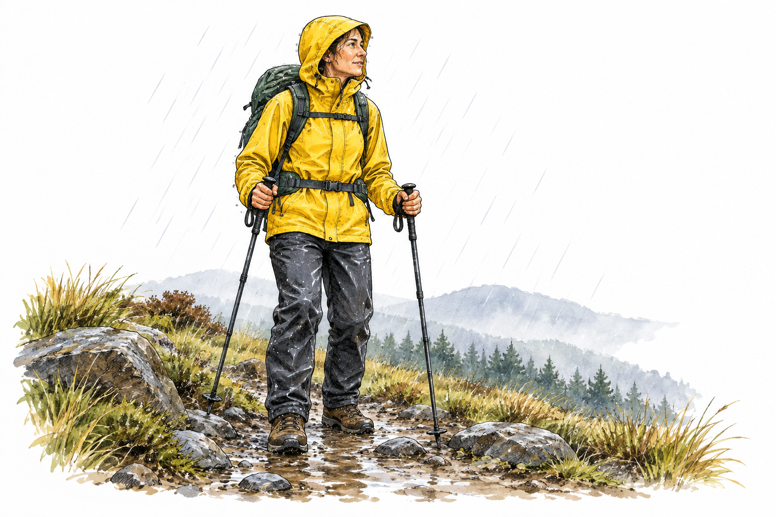 A hiker clad in a bright raincoat and waterproof trousers stands in light rain, clothing visibly covers body.